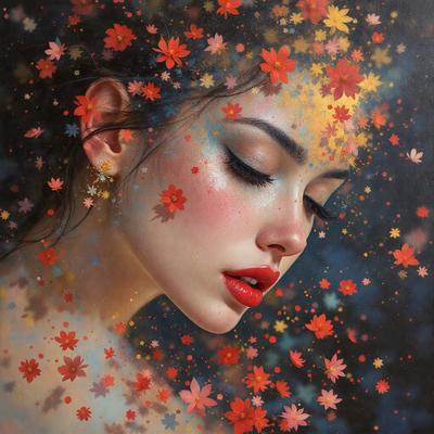 The primary subject of the image is a woman with a flower painted on her face. She is wearing a necklace and has a flower in her hair. The setting is a colorful background with a blue and orange color scheme. The visual style is a painting, and the colors and mood are vibrant and lively.